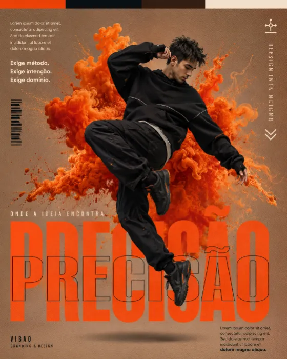 Vertical branding poster showing an airborne model against orange smoke with bold orange title typography and editorial text.