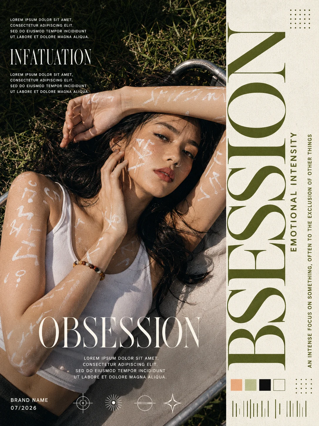 Vertical editorial poster showing a reclining model on grass with body paint, oversized olive lettering, and halftone magazine graphics.