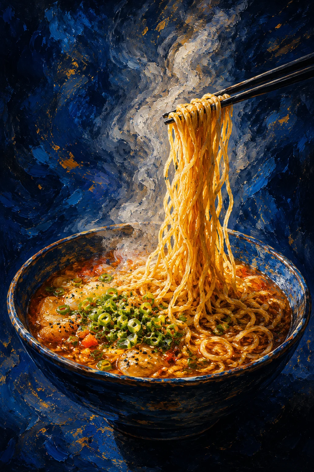 Expressive oil painting of steaming ramen with chopsticks lifting glossy noodles.