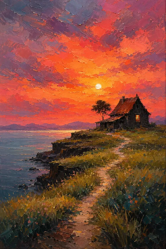 Dark cottage on a grassy shoreline beneath a bright sun and sweeping coral-orange impasto clouds.