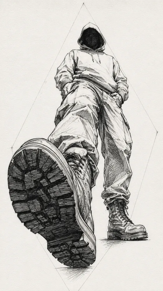 Low-angle monochrome sketch of a hooded streetwear figure with one giant foreground boot.