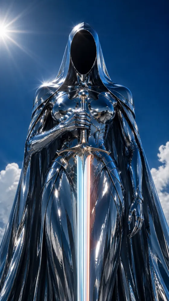 Monumental mirror-chrome guardian with a black oval face and glowing vertical sword against blue sky and clouds.
