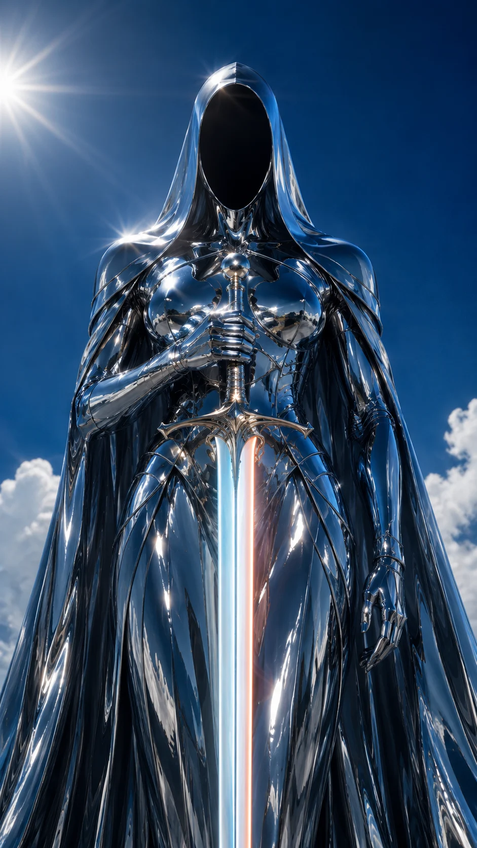 Monumental mirror-chrome guardian with a black oval face and glowing vertical sword against blue sky and clouds.