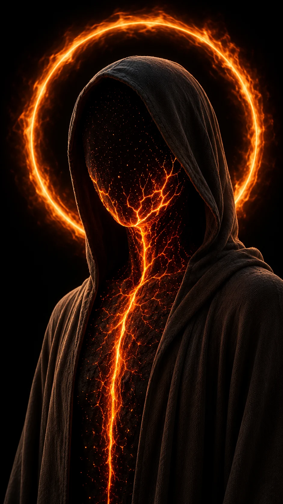 Dark hooded humanoid with a black featureless face, molten orange energy, and a bright fire ring.