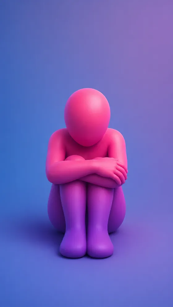 Faceless pink and violet humanoid seated with raised and arms crossed in a blue-lavender gradient space.