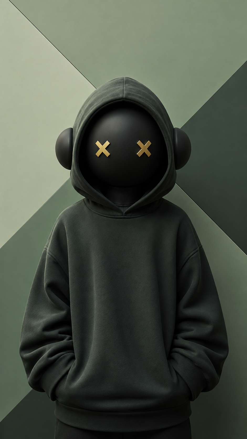 Faceless dark hooded 3D character with gold X-shaped eyes against a muted sage geometric background.