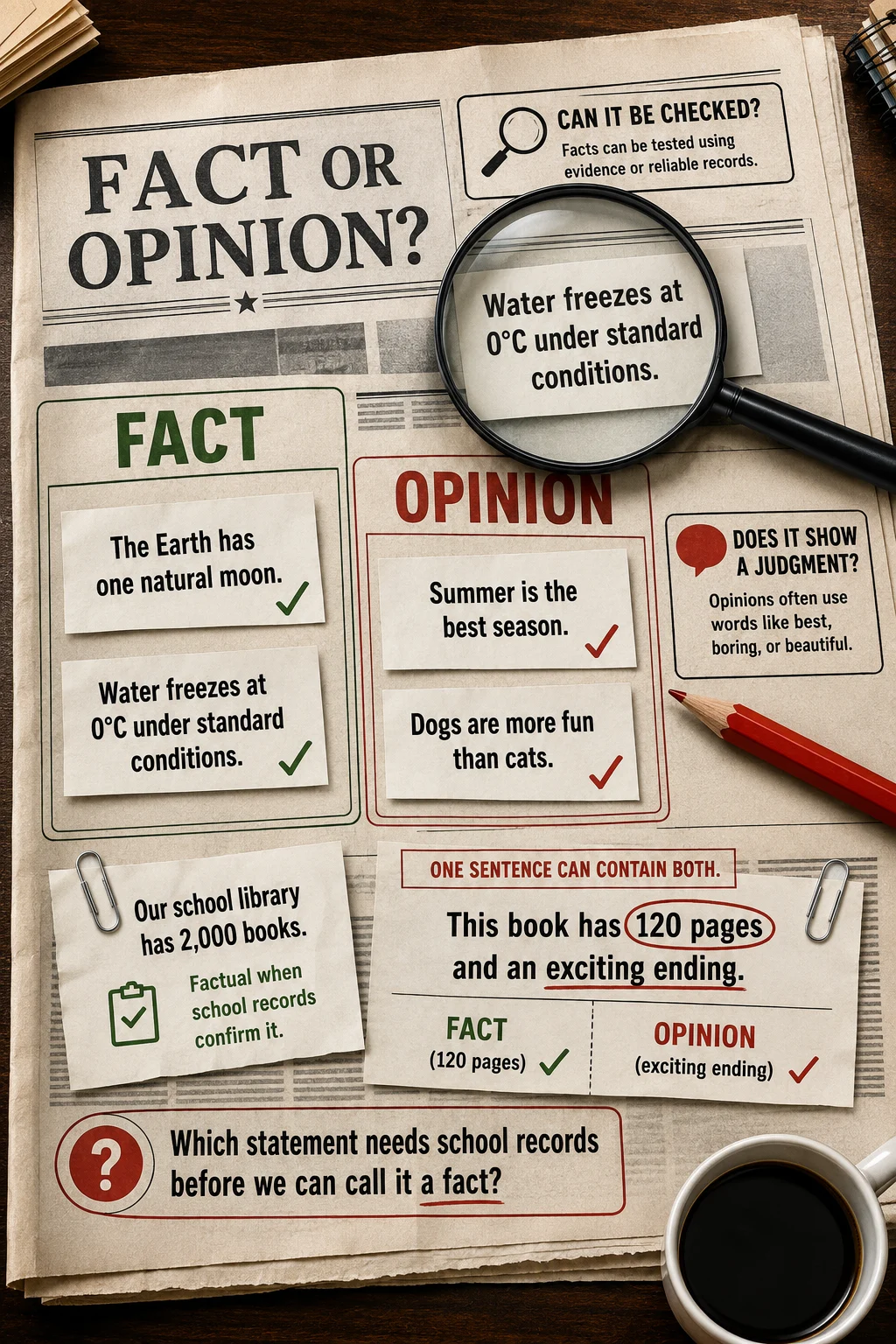 Educational literacy newspaper with fact and opinion zones, bold statement slips, a magnifying glass, and a mixed fact-opinion example.