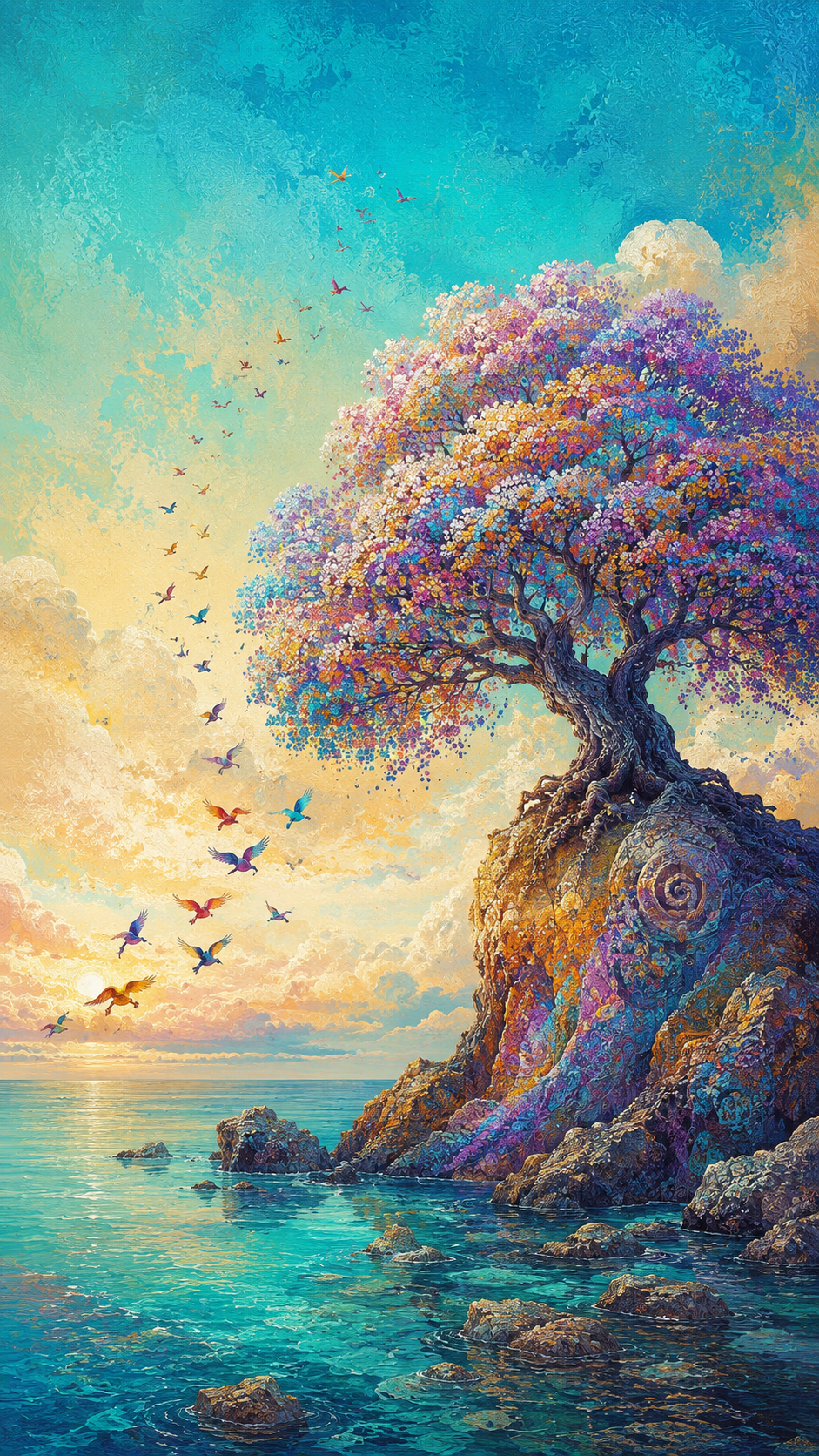 Fantasy flowering tree growing on a rocky coastal island beneath a colorful abstract sky filled with birds.