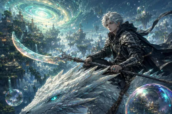 Silver-haired fantasy rider holding a crescent polearm while traveling on a white crystalline dragon through floating island cities.