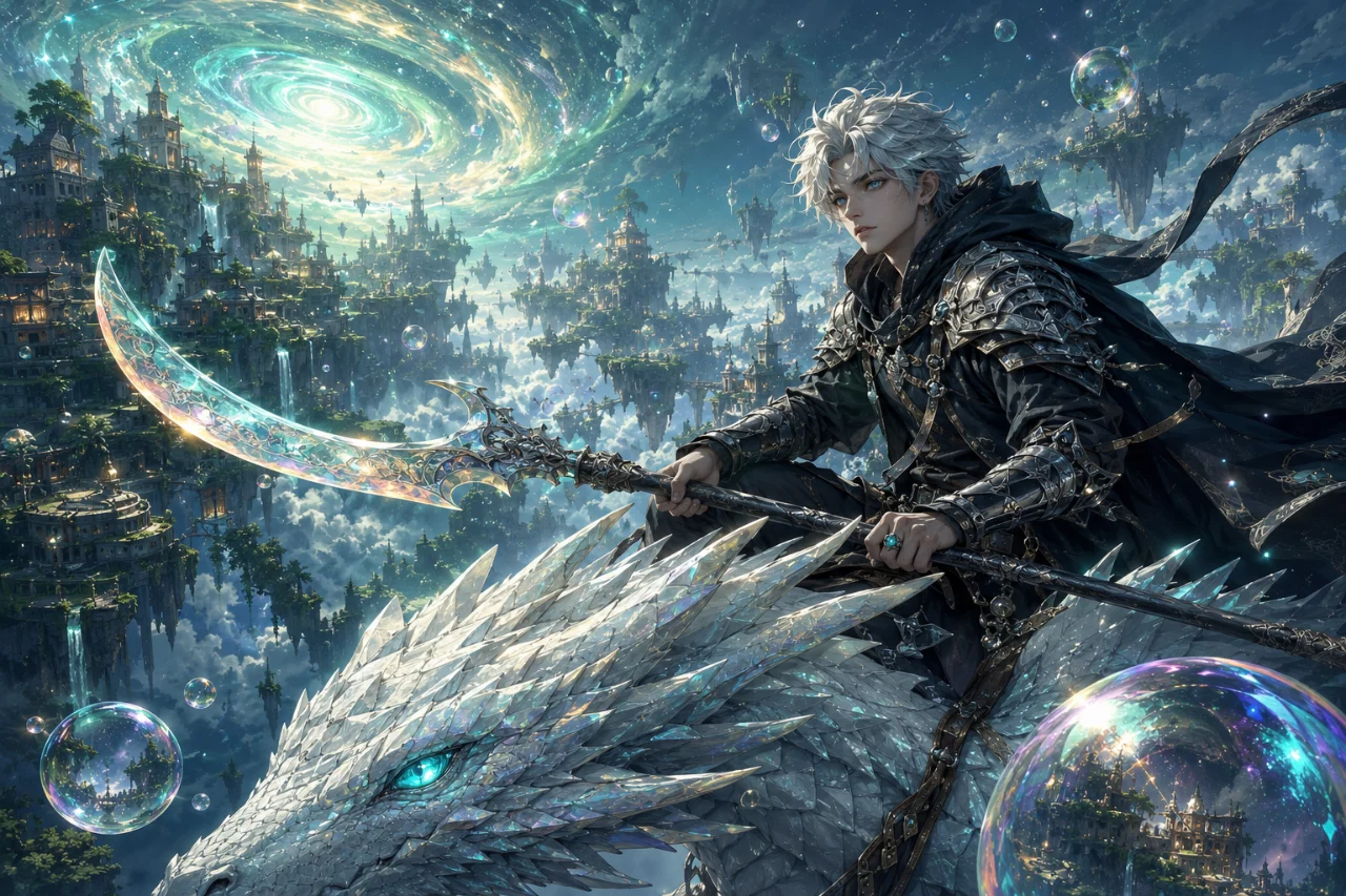 Silver-haired fantasy rider holding a crescent polearm while traveling on a white crystalline dragon through floating island cities.