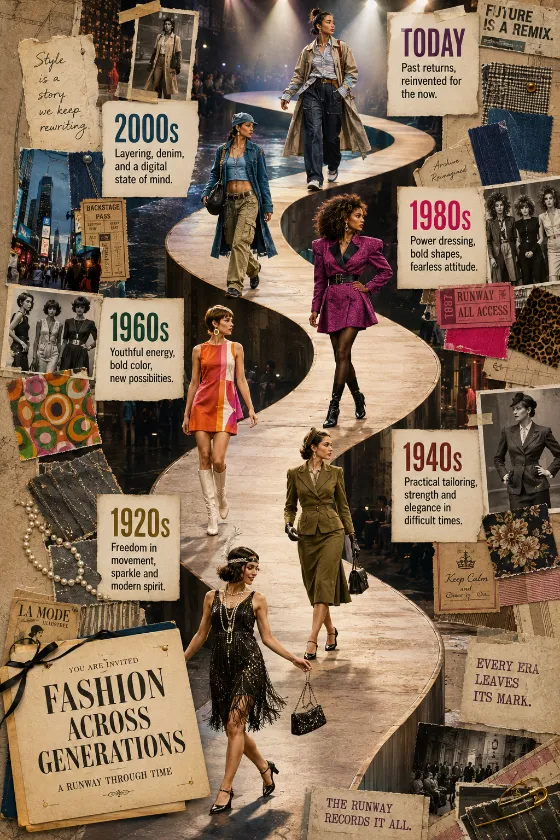 Fashion history learning poster showing six diverse models from the 1920s to today along an upward runway with scrapbook materials and era descriptions.