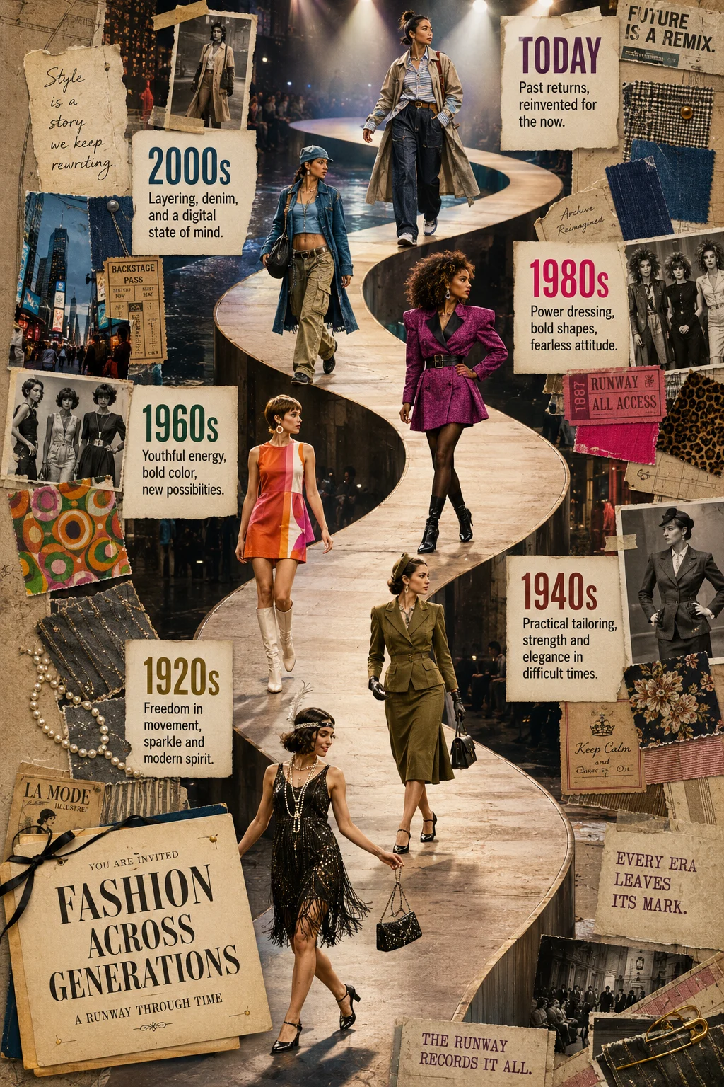 Fashion history learning poster showing six diverse models from the 1920s to today along an upward runway with scrapbook materials and era descriptions.