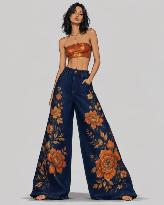 Stylized fashion editorial illustration of a figure in an orange bandeau top and wide floral denim pants with clean linework and graphic shading.