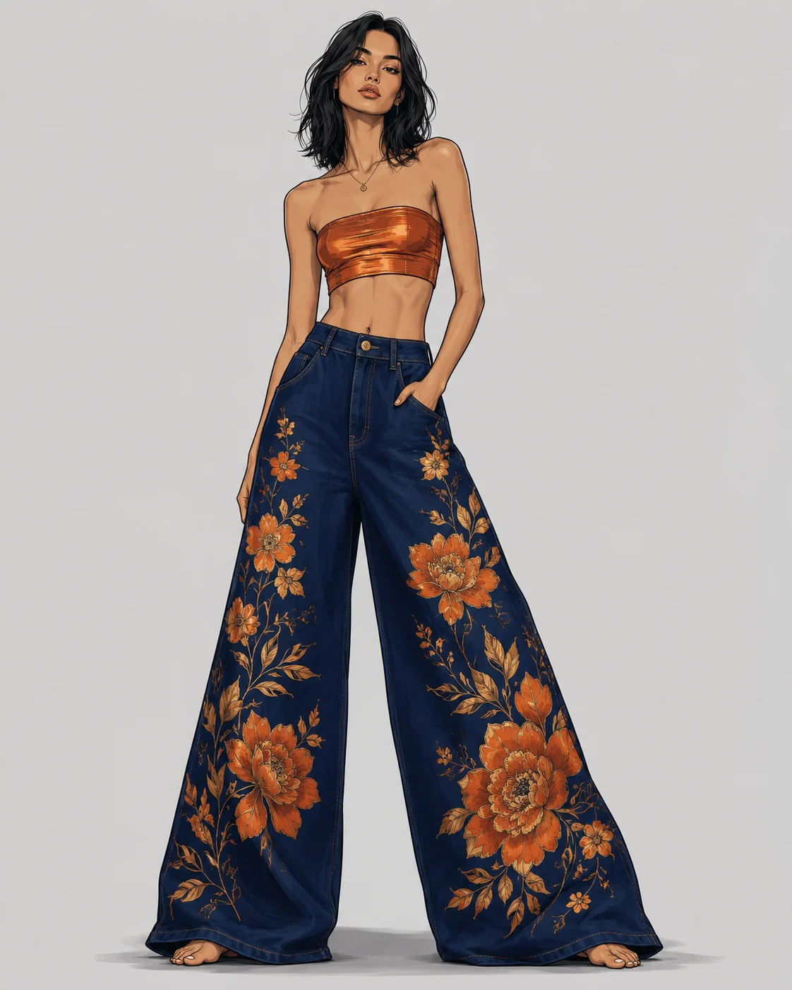 Stylized fashion editorial illustration of a figure in an orange bandeau top and wide floral denim pants with clean linework and graphic shading.