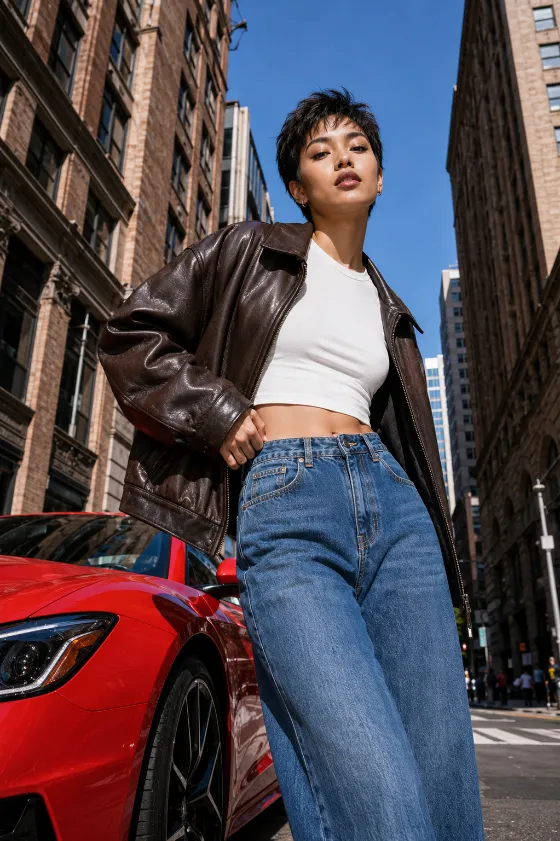 Southeast Asian woman in brown leather jacket, white crop top, and blue jeans posing beside a red sports car on a sunlit city street, low-angle editorial shot.