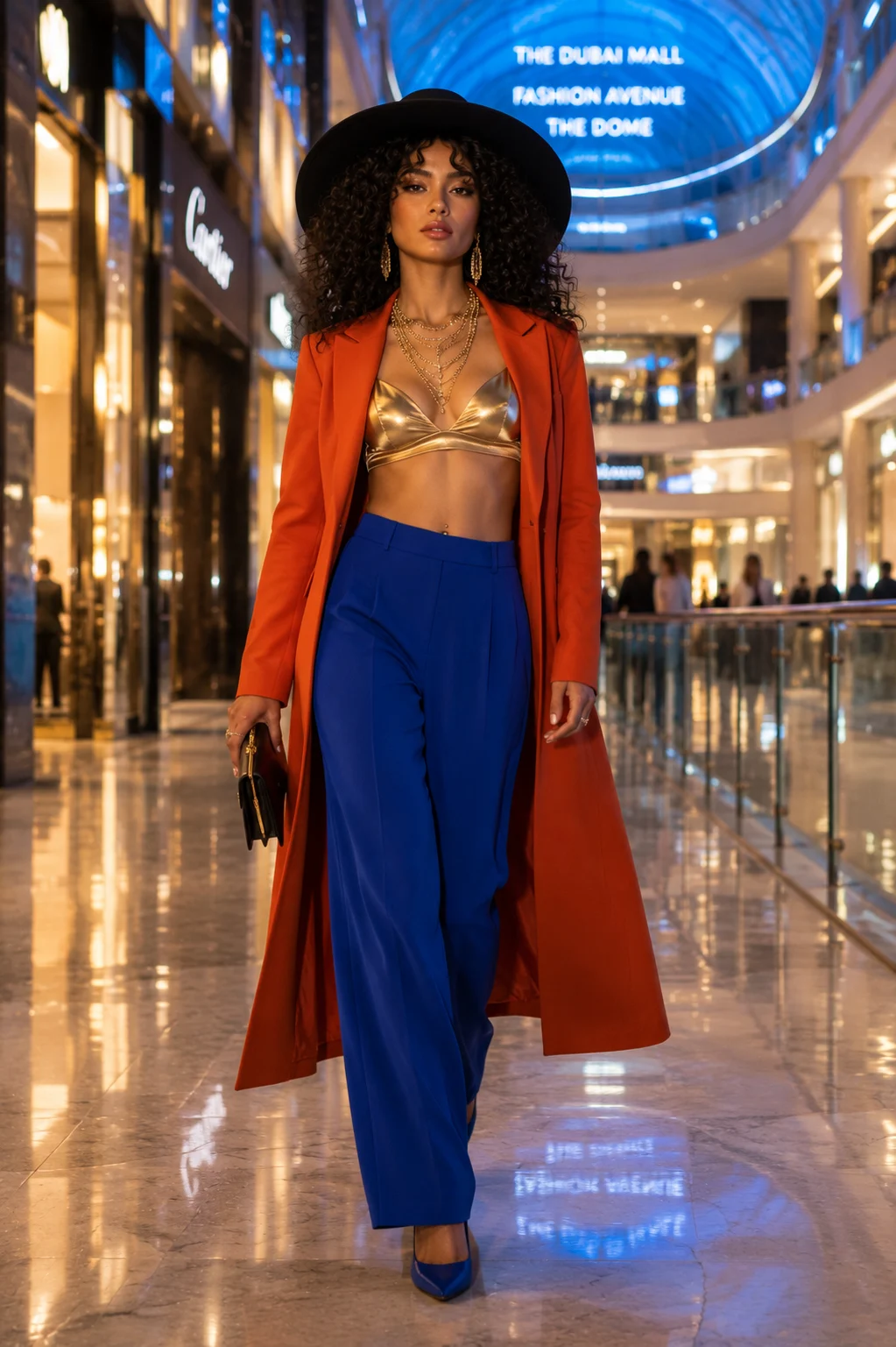 Editorial fashion portrait of a young Afro-Latina fashion subject walking indoors in a burnt orange coat, gold satin top, cobalt trousers, and black wide-brim hat.