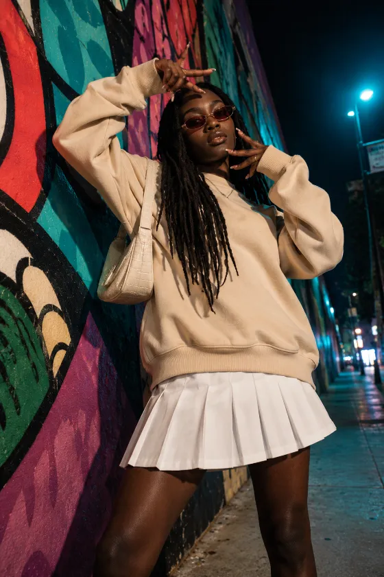 Night street-fashion portrait of a young West African fashion subject wearing a cream sweatshirt and white pleated skirt while posing beside a colorful mural.