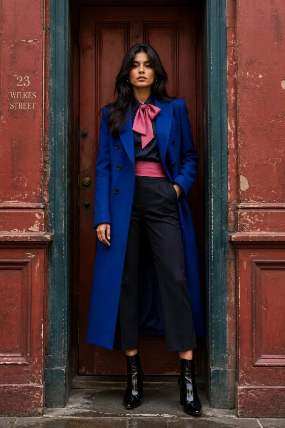 Young South Asian fashion subject with warm cinnamon skin and long glossy layered hair standing in a red doorway wearing a cobalt-blue tailored coat, rose-pink bow, dark cropped trousers, and black ankle boots.