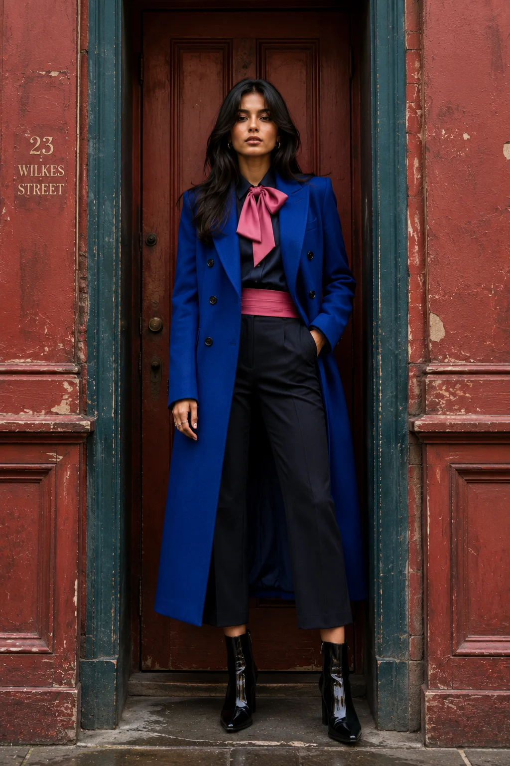 Young South Asian fashion subject with warm cinnamon skin and long glossy layered hair standing in a red doorway wearing a cobalt-blue tailored coat, rose-pink bow, dark cropped trousers, and black ankle boots.