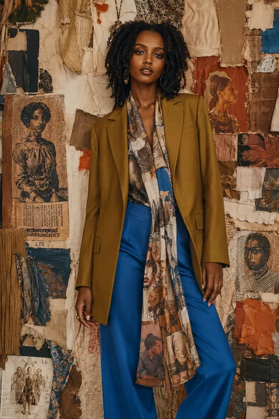 Editorial fashion portrait of a young East African subject in mustard tailoring and blue trousers with a textile collage background.