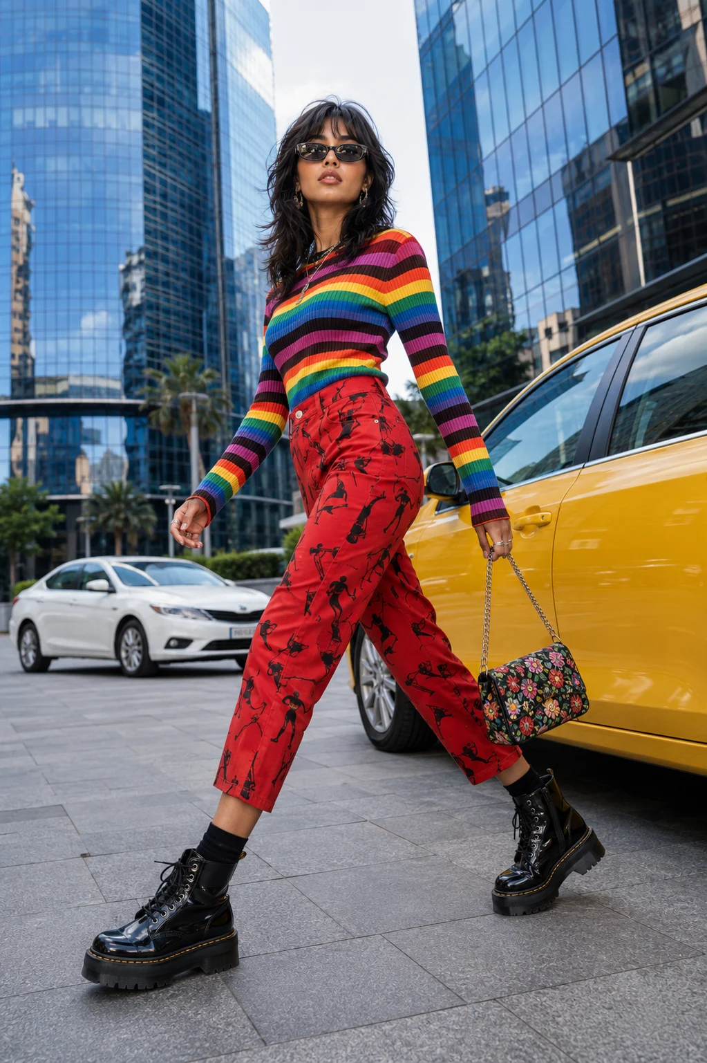 Street-style fashion portrait of a young South Asian fashion subject wearing a rainbow knit top and red printed trousers beside a yellow car and blue-glass buildings.