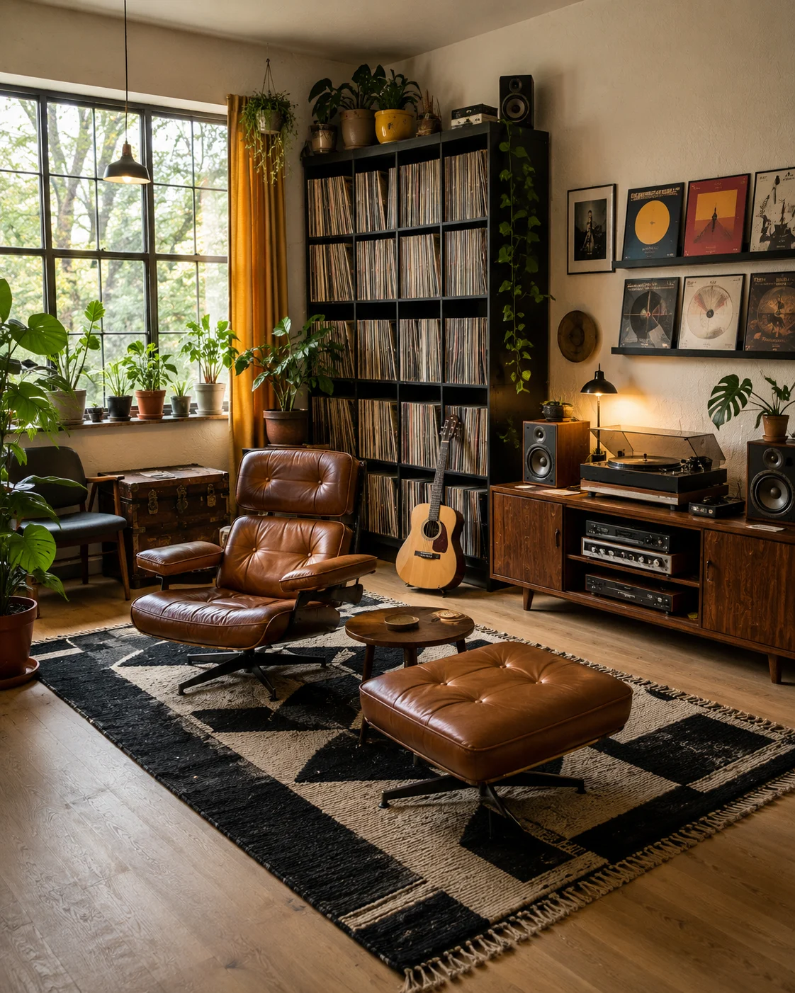 Warm plant-filled vinyl listening room with cognac leather lounge chair, record storage, vintage audio equipment, geometric rug, and mustard curtains.