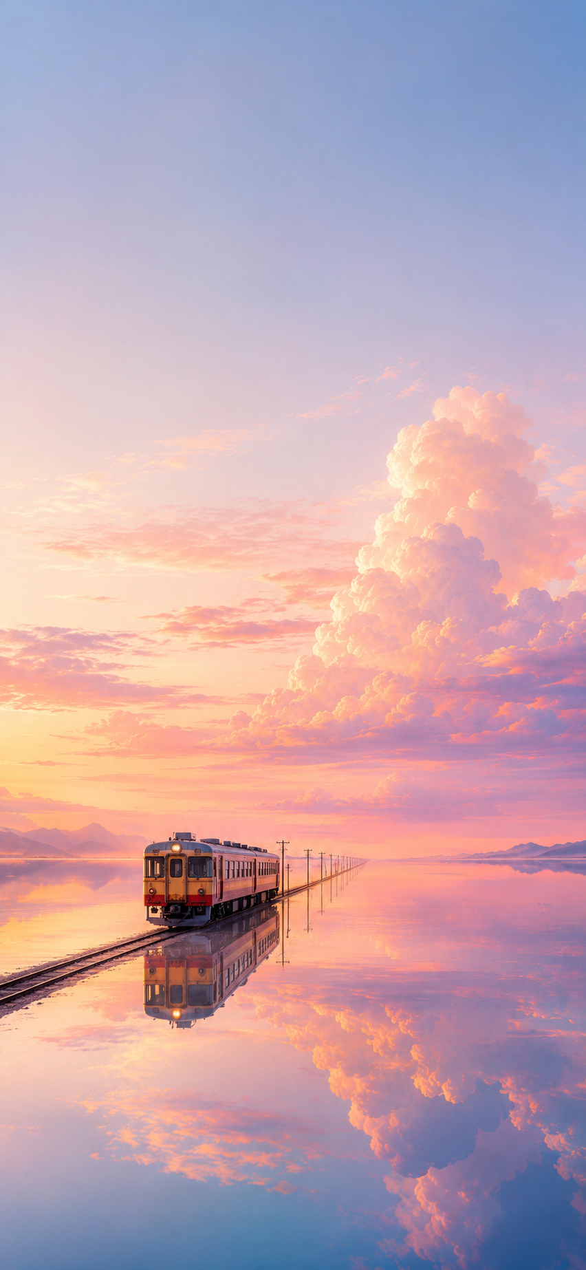 Vintage railway crossing mirror water beneath a towering pastel sunset sky.