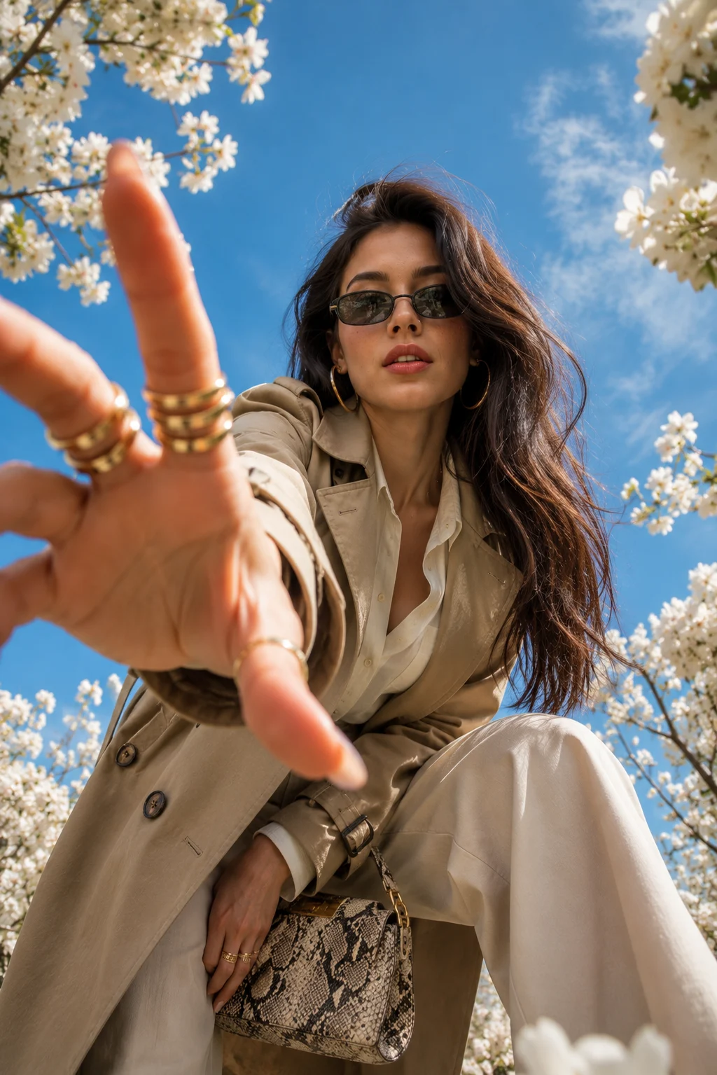 Low-angle portrait of a fashion subject reaching toward the camera, framed by white flowers under a blue sky.