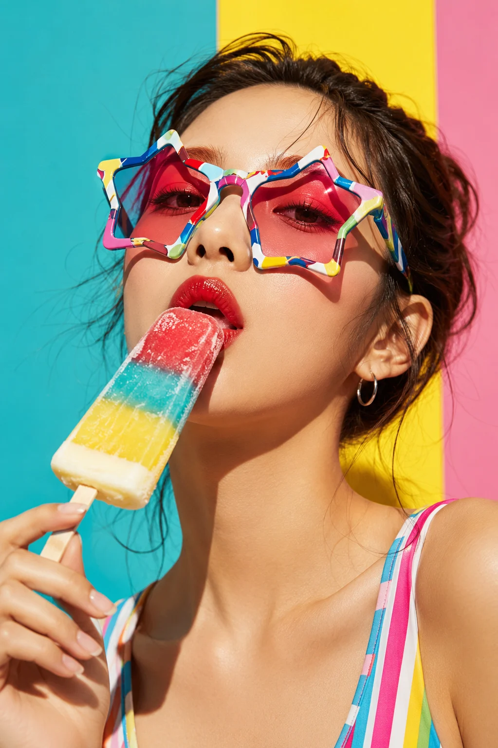 Editorial beauty portrait with colorful sunglasses and rainbow frozen treat.