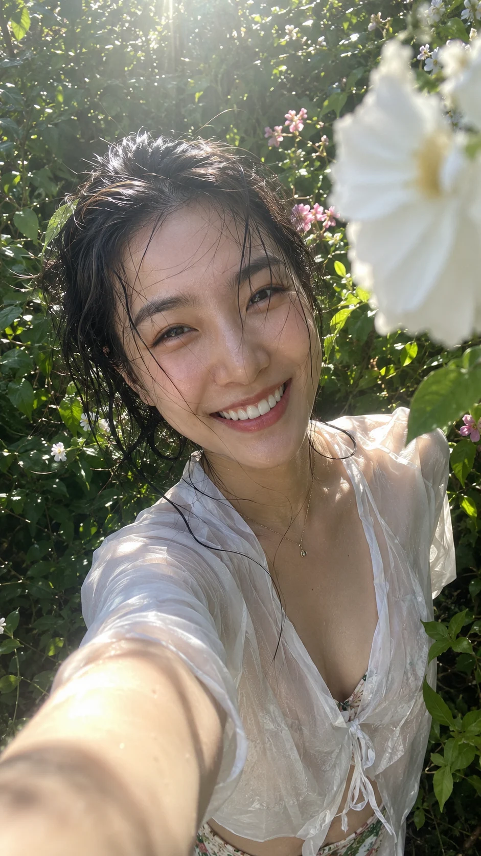 Joyful young woman taking a high-angle smartphone selfie in a lush sunlit garden with damp dark hair, sheer white blouse, gold necklace, pink flowers, and warm lens haze.