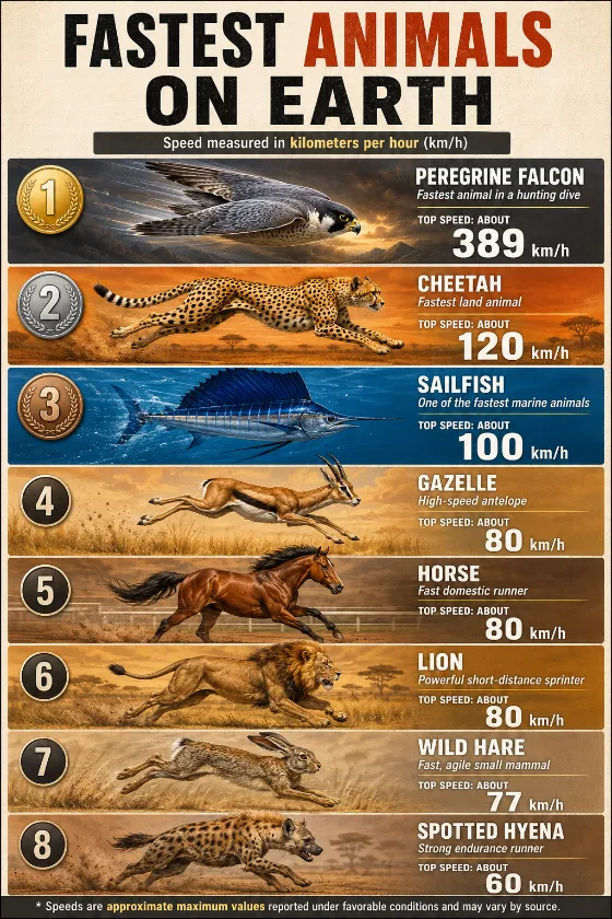 Educational animal speed poster with eight ranked wildlife illustrations and kilometer-per-hour comparisons.