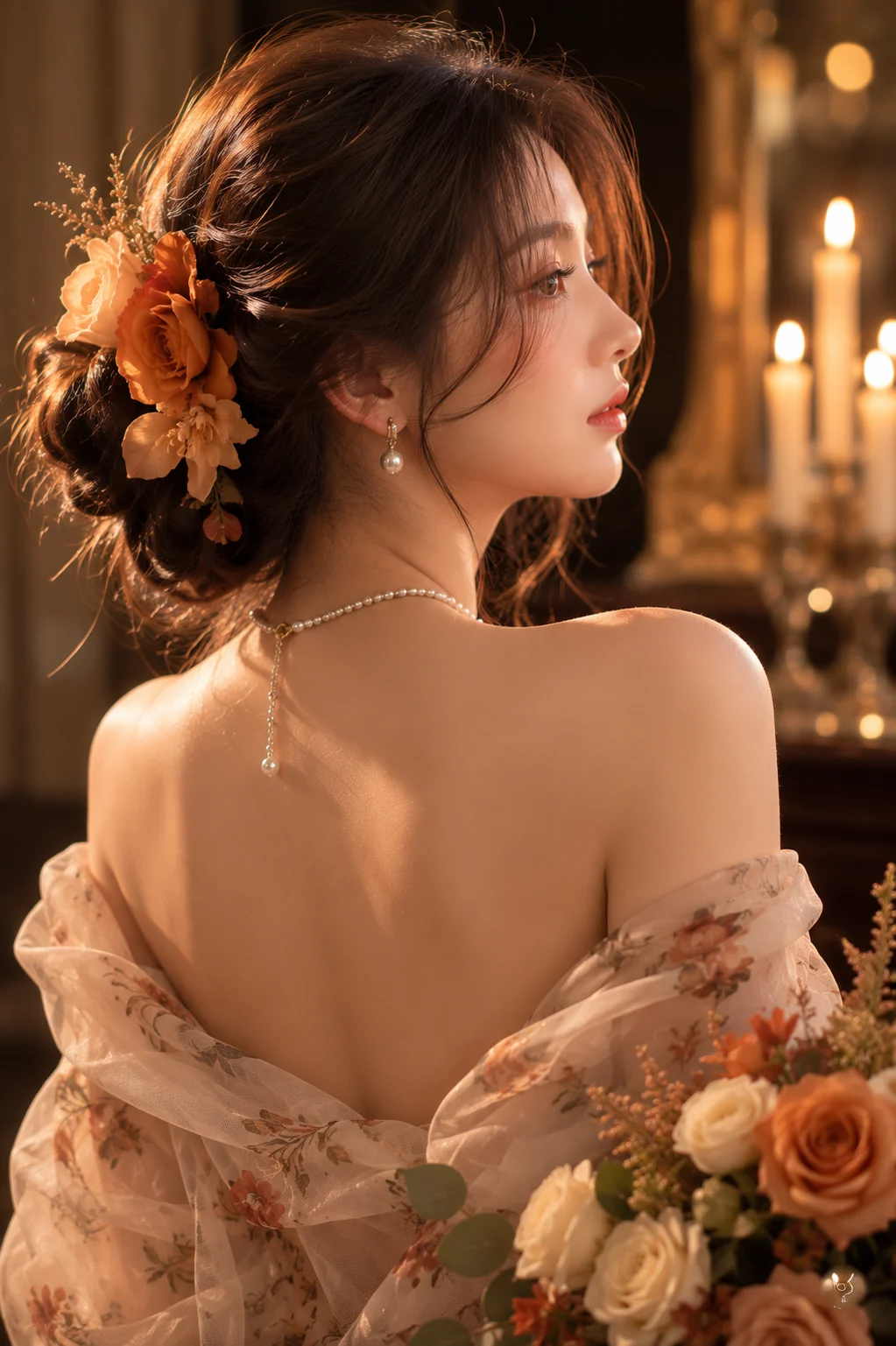 Luxury candlelit editorial beauty portrait with classical atmosphere.
