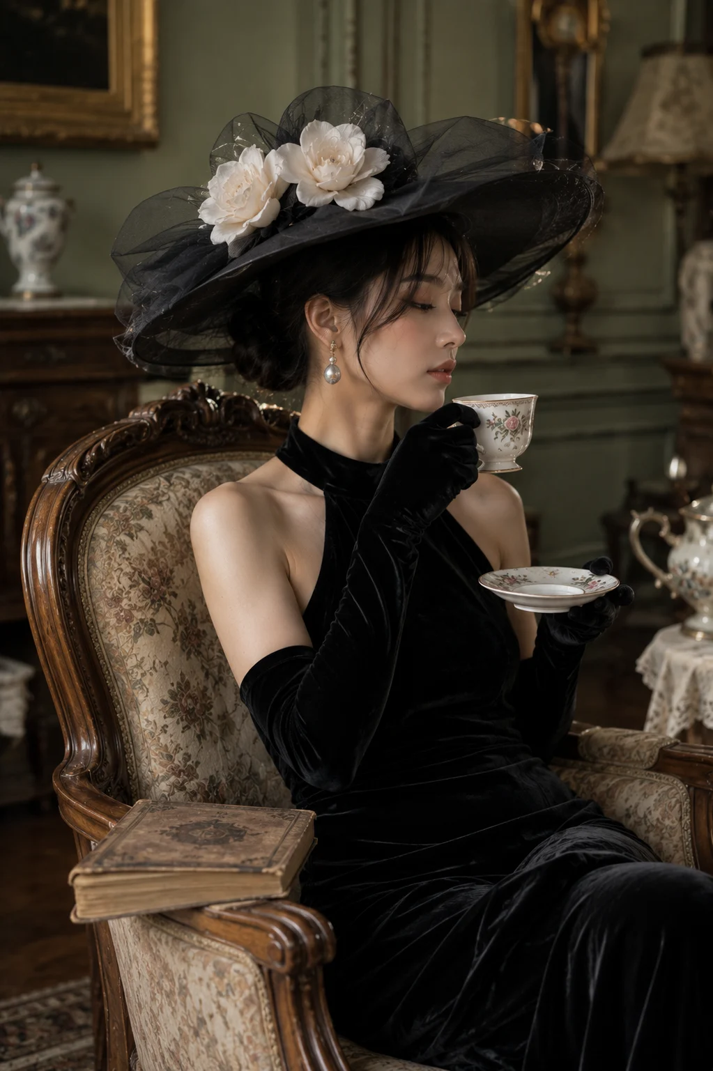Fashion subject in a black velvet gown and wide-brim hat holding a porcelain teacup while seated in a classic heritage salon.