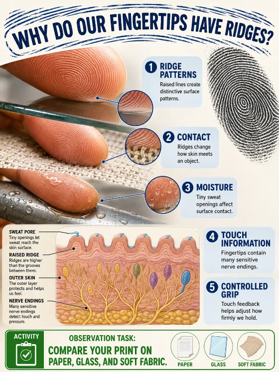 Macro fingertip comparison across glass, fabric, and a wet surface with five learning labels, a fingerprint impression, and a simplified skin section.