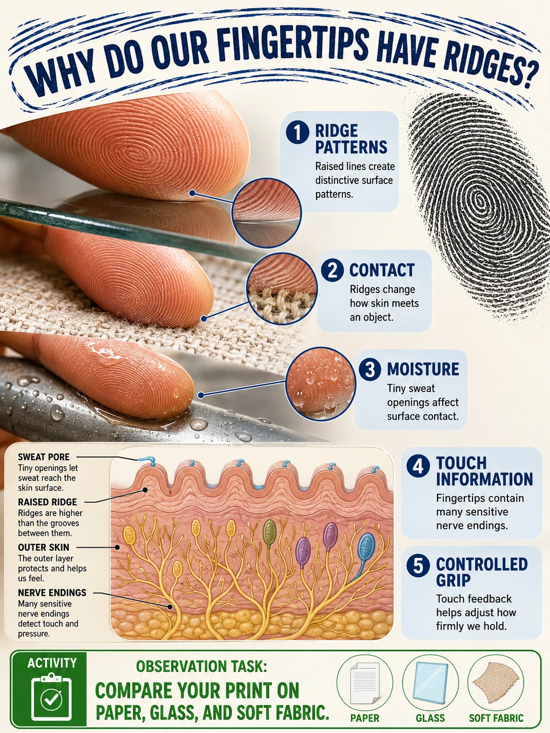 Macro fingertip comparison across glass, fabric, and a wet surface with five learning labels, a fingerprint impression, and a simplified skin section.