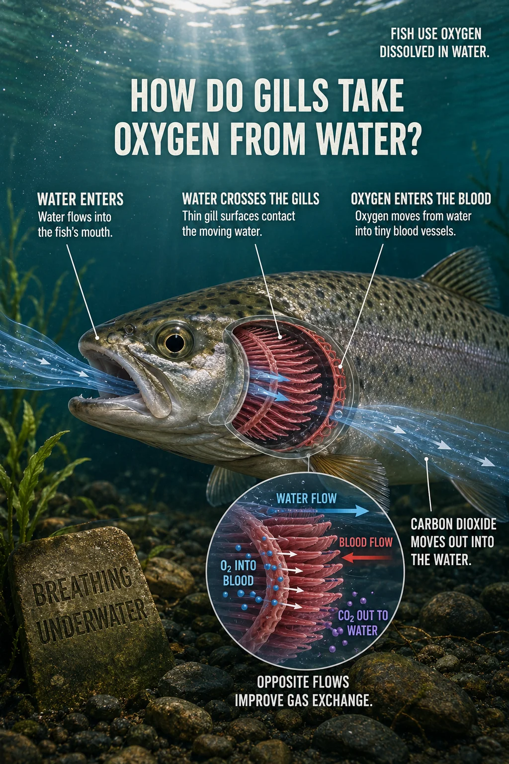 Educational freshwater fish scene with a gill window, blue water flow, magnified filaments, opposing arrows, and dissolved oxygen exchange.