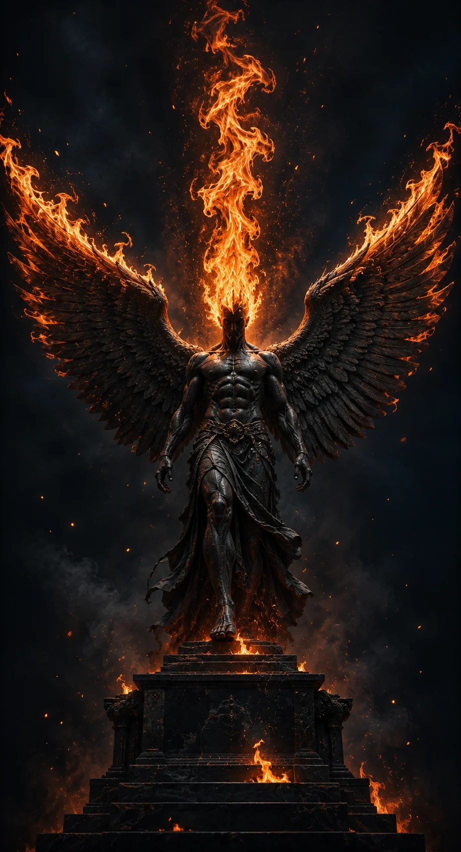 Dark winged sculpture with fiery wings, a towering flame plume, glowing embers, and a black stepped pedestal.