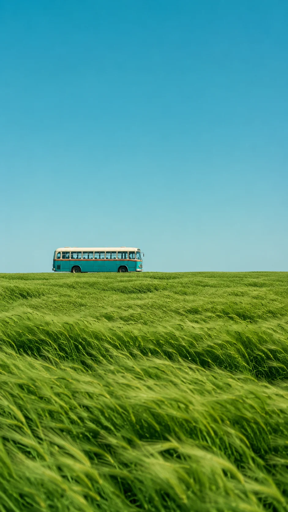 Small turquoise bus near the horizon in a broad windswept green field beneath a clear blue sky.