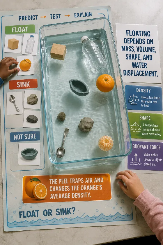 Overhead classroom experiment showing floating and sinking objects in a water tank with prediction labels, two pairs of hands, and buoyancy explanatio