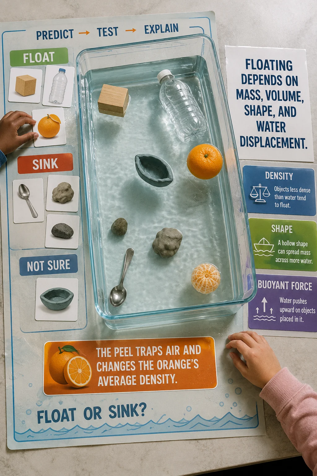Overhead classroom experiment showing floating and sinking objects in a water tank with prediction labels, two pairs of hands, and buoyancy explanatio