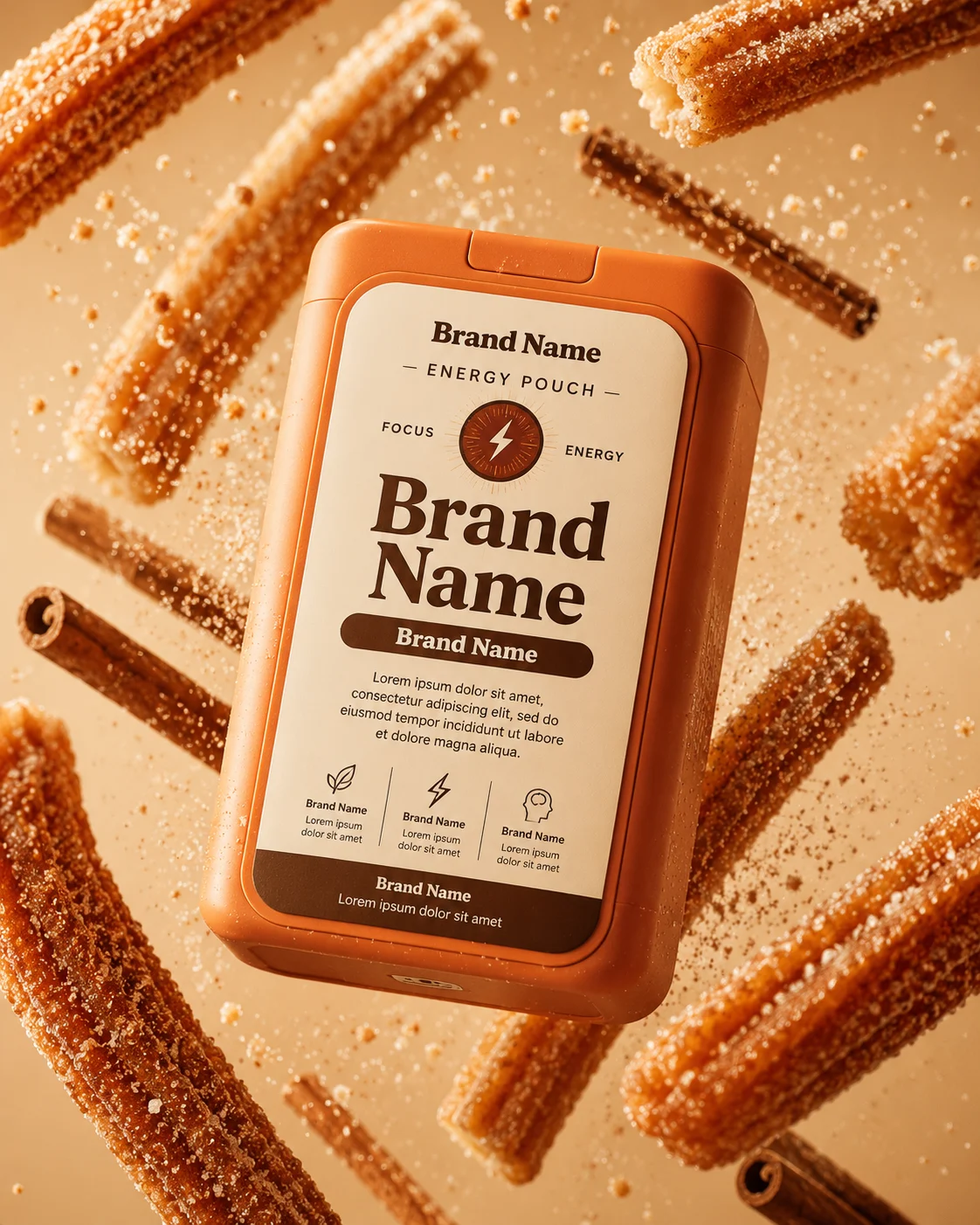 A floating premium energy pouch package surrounded by cinnamon churros, cinnamon sticks, and airborne sugar particles against a warm caramel beige studio background.