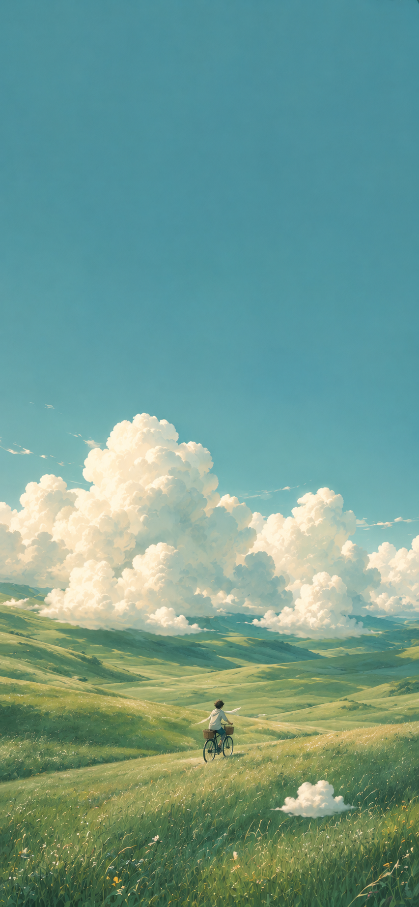 Painterly landscape of floating clouds above rolling green fields with a lone cyclist beneath a vast sky.