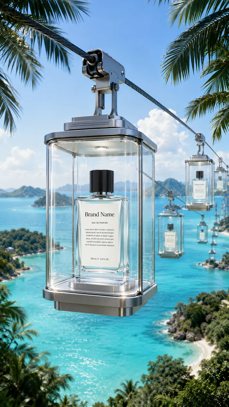 Clear glass perfume capsule suspended above a tropical ocean with palm trees and islands.
