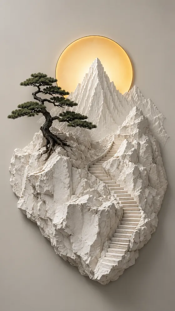 Minimal white mountain diorama with a pine tree, stone steps, and glowing amber circle.