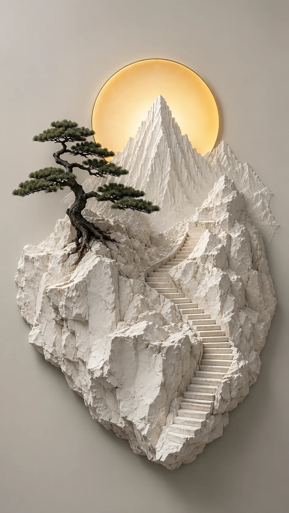 Minimal white mountain diorama with a pine tree, stone steps, and glowing amber circle.