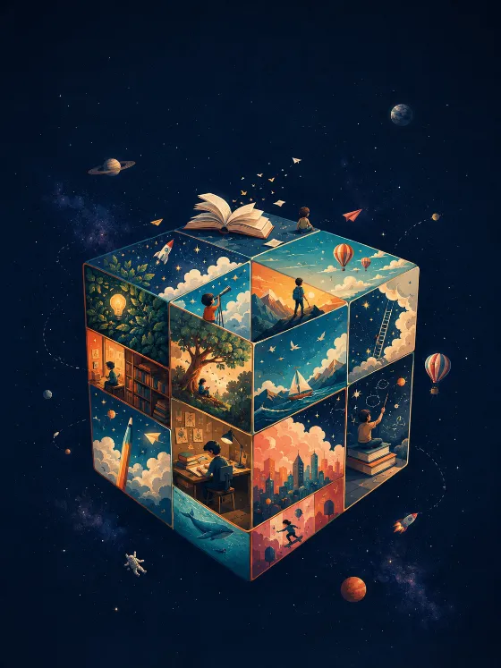 Colorful illustrated story cube floating in deep navy space with tiny panels, stars, books, planets, and imaginative details.