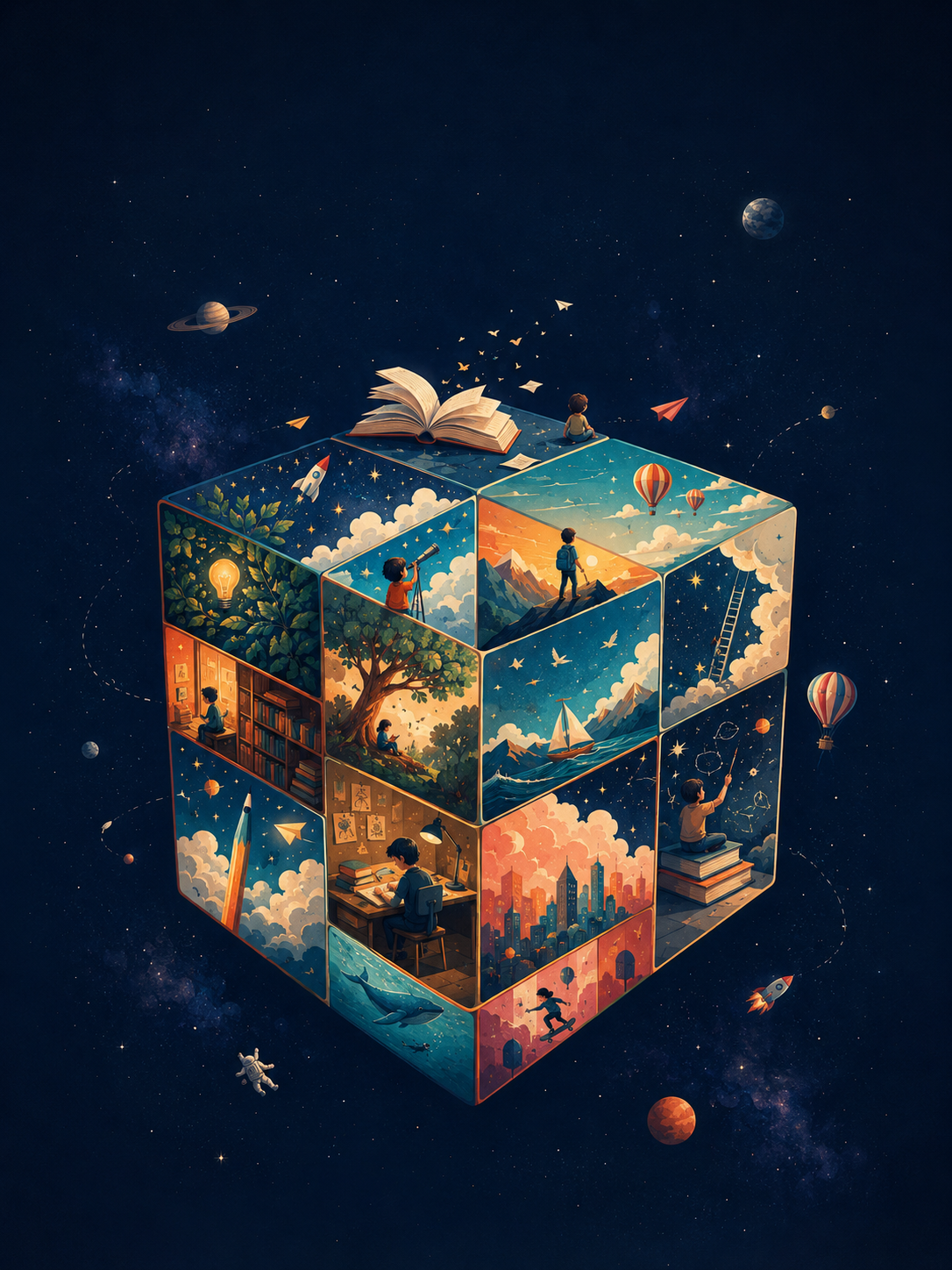 Colorful illustrated story cube floating in deep navy space with tiny panels, stars, books, planets, and imaginative details.