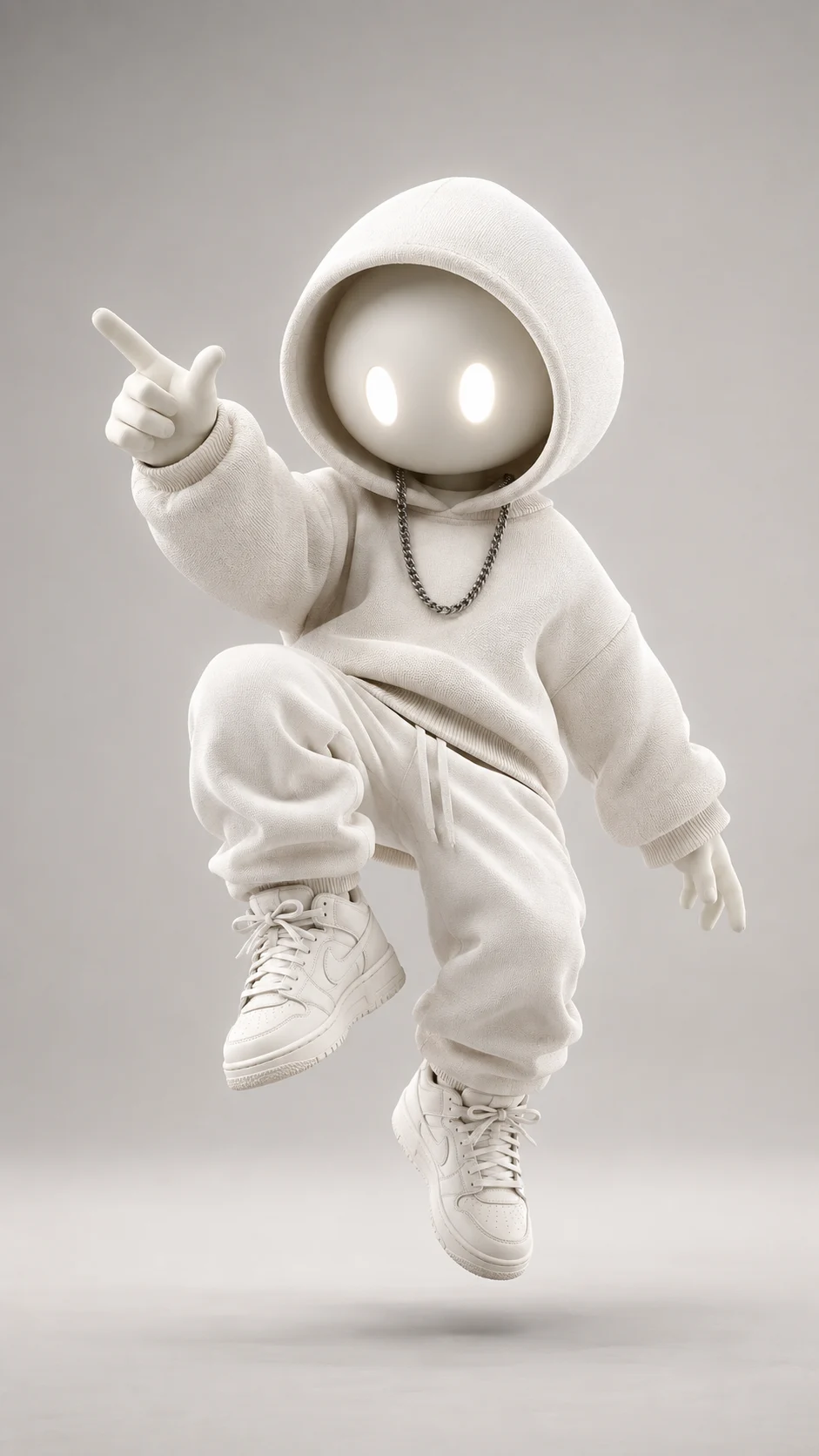 Stylized white faceless mascot with glowing eyes floating in a neutral studio setting.
