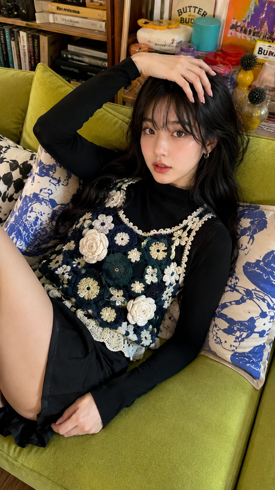 Vertical indoor fashion portrait with floral crochet knitwear, black layers, a lime-green sofa, and a hand resting over the head.