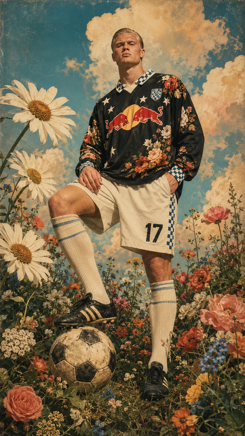 Low-angle floral sports-fashion collage with a blond model, vintage football, oversized daisies, and painterly clouds.